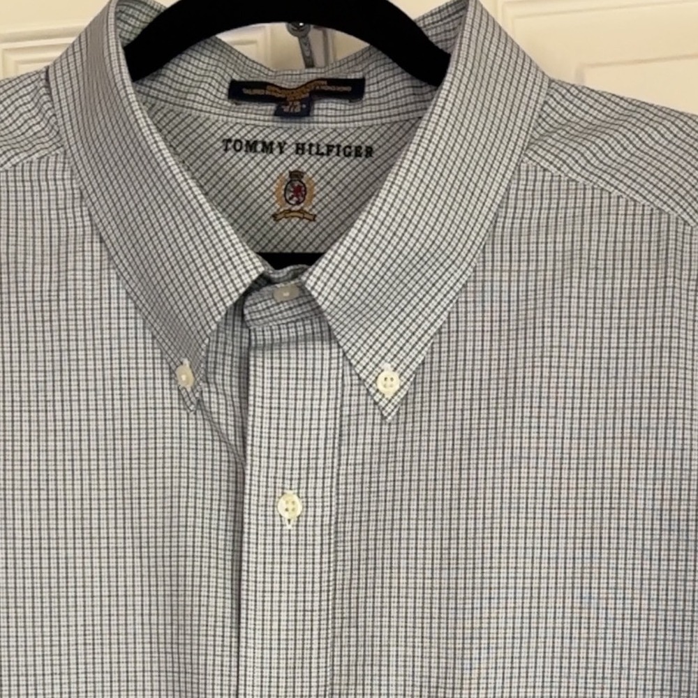 Tommy Hilfiger Big Mens Button Down Shirt‎ Gray Plaid Check Long Sleeve 19 34/35